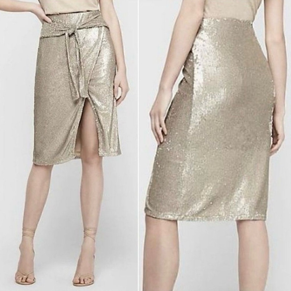 Express Skirt Sequin High Waisted Tie Front Champagne Large NWT